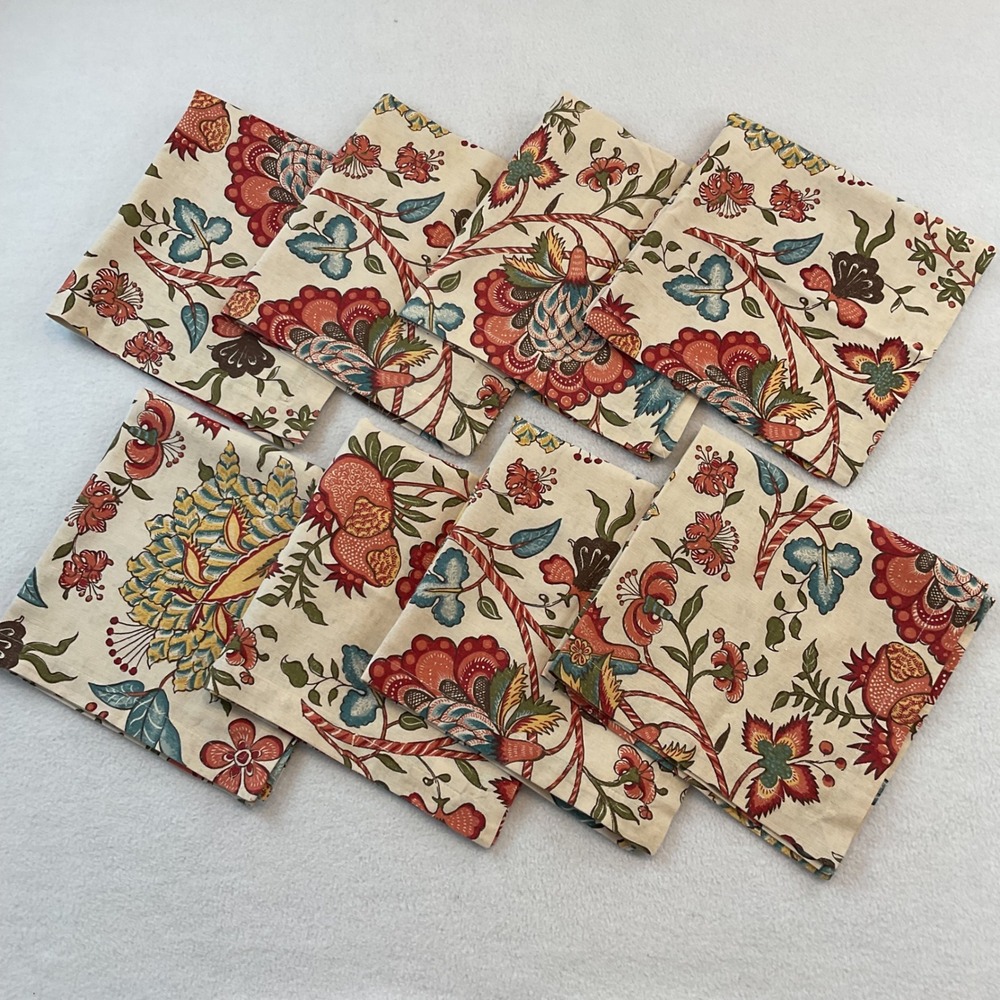 Pottery Barn Floral Chintz Cloth Napkins Set of 8 Cotton Linen 20x20 Cream Red